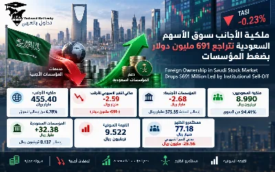 📉ملكية الأجانب بسوق الأسهم السعودية تتراجع 691 مليون دولار بضغط المؤسسات