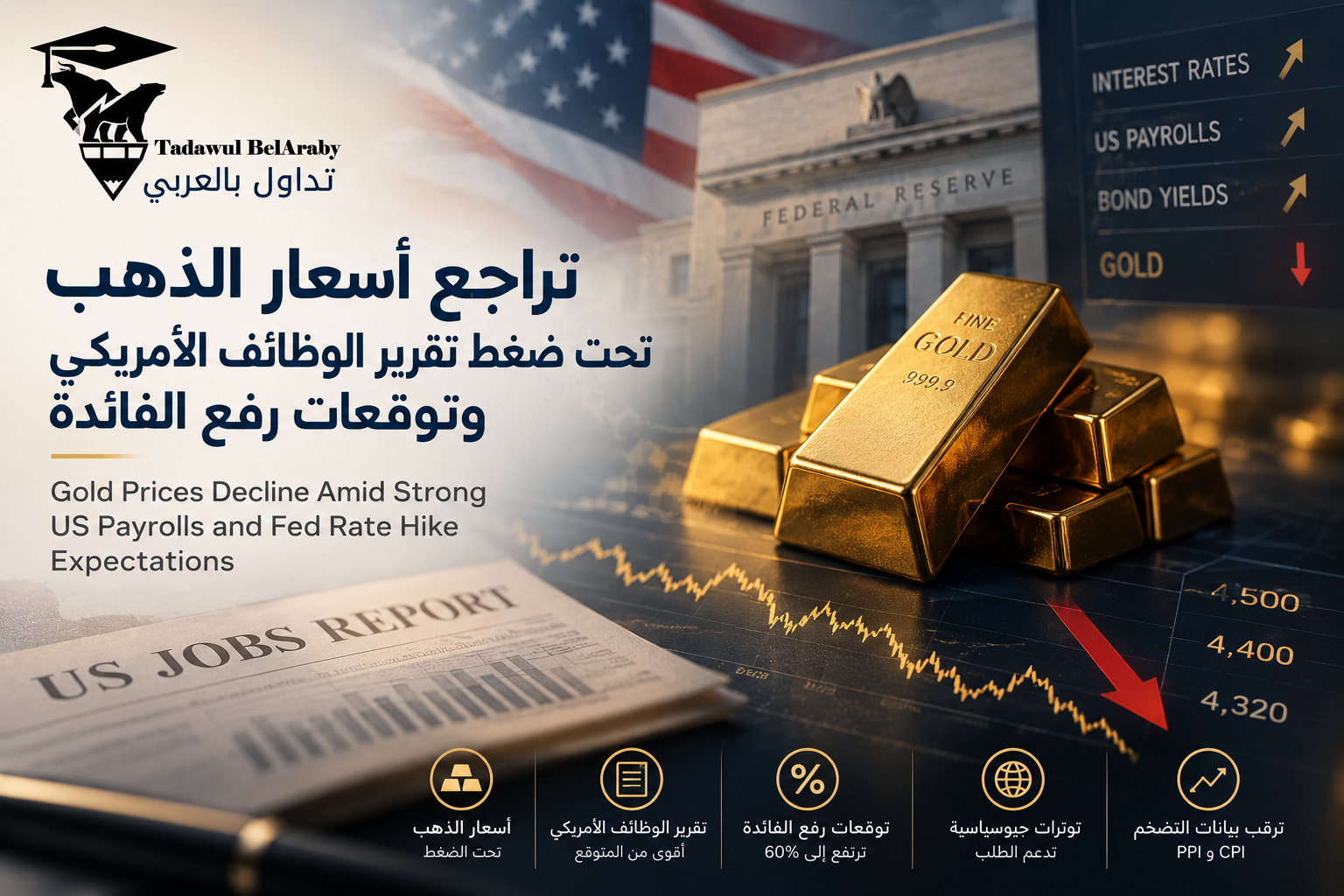 📉تراجع أسعار الذهب تحت ضغط تقرير الوظائف الأمريكي وتوقعات رفع الفائدة