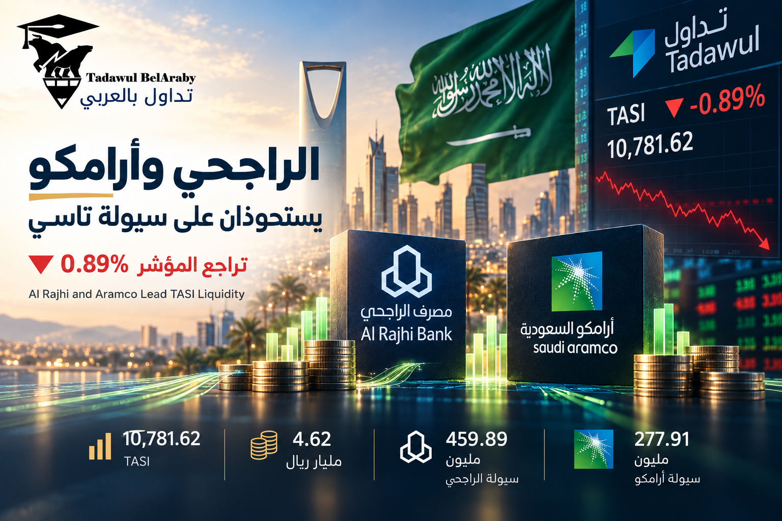🟢"الراجحي" و"أرامكو" يستحوذان على سيولة "تاسي" وسط تراجع المؤشر بنهاية جلسة الثلاثاء